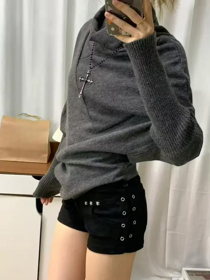 Pull gris Vintage à manches chauve-souris et col haut pour femme