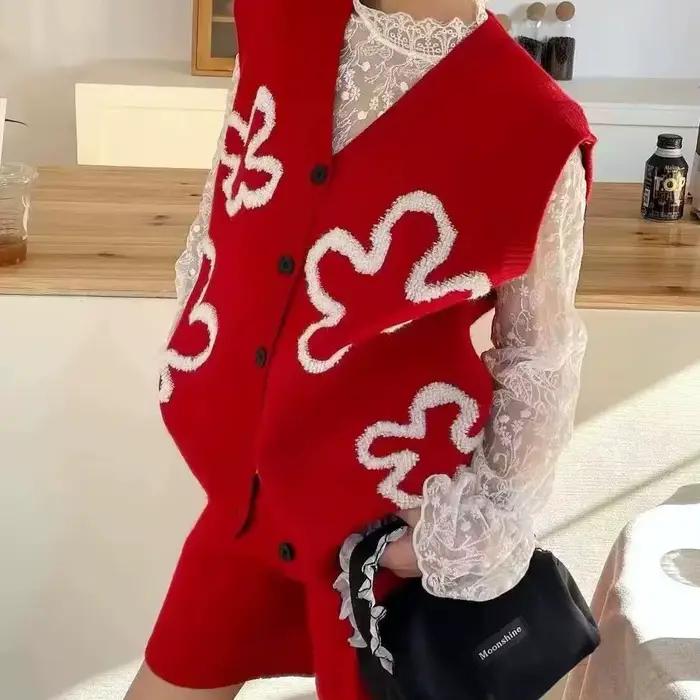 Pull tricoté gilet femmes 2025 automne nouvelle chemise empilée brodée ensemble deux pièces