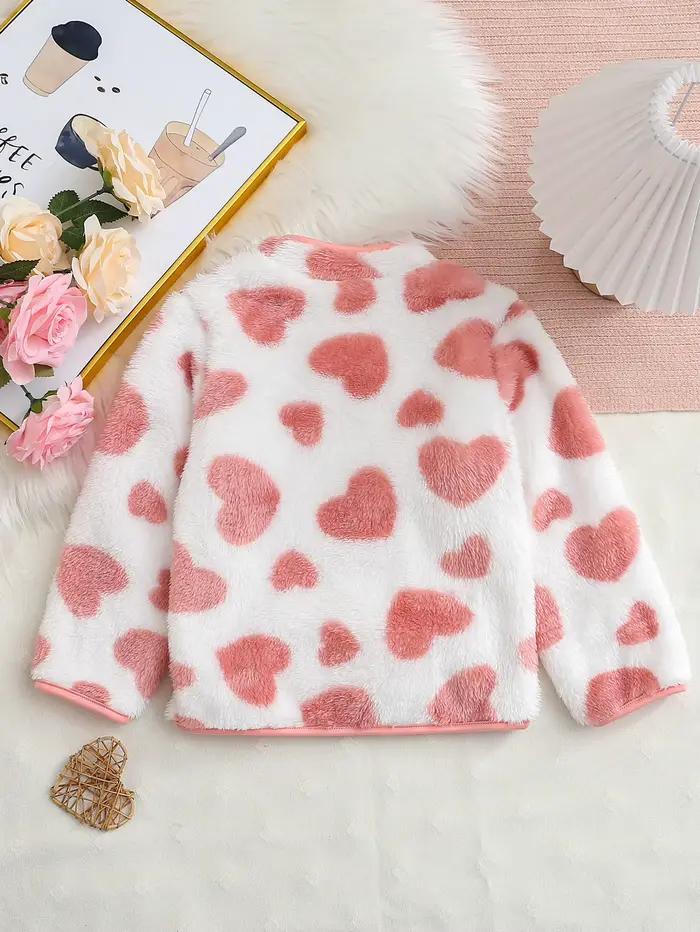 Ce cardigan chaud pour fille d'automne et d'hiver est sucré et mignon. C'est une base blanche avec des coeurs roses manteau en flanelle entièrement imprimé