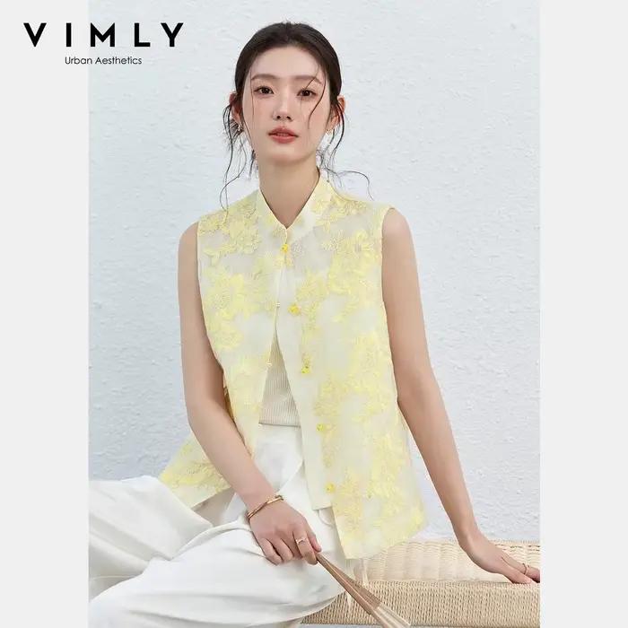 Gilet Femme Vimly Été 2026 Décontracté Broderie Florale Jaune Col Montant Occasions Spéciales et Journées Estivales