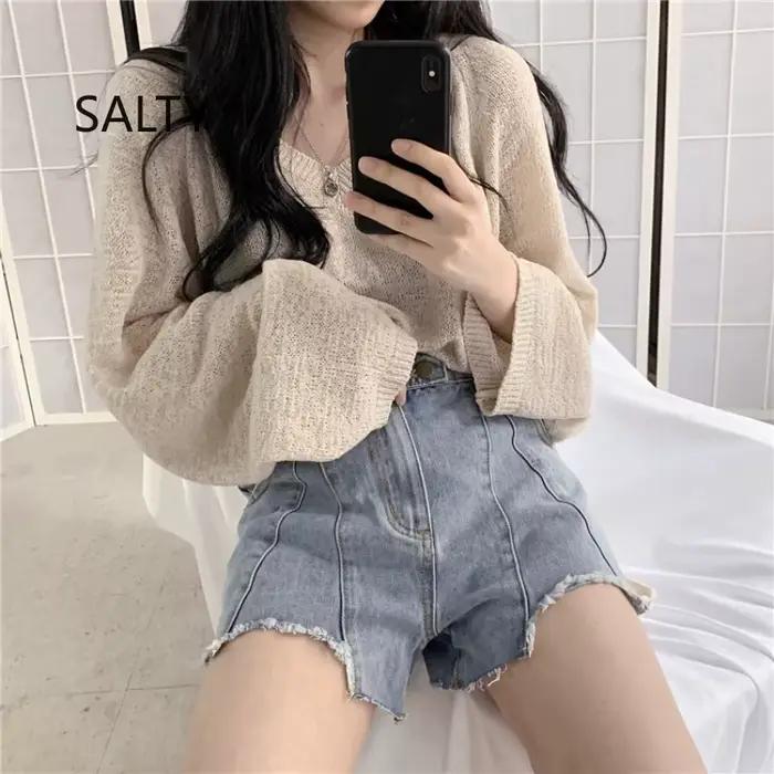 Col en v tricots femmes 2025 nouveau automne couleur unie hauts Style ample à manches longues bureau pulls femme