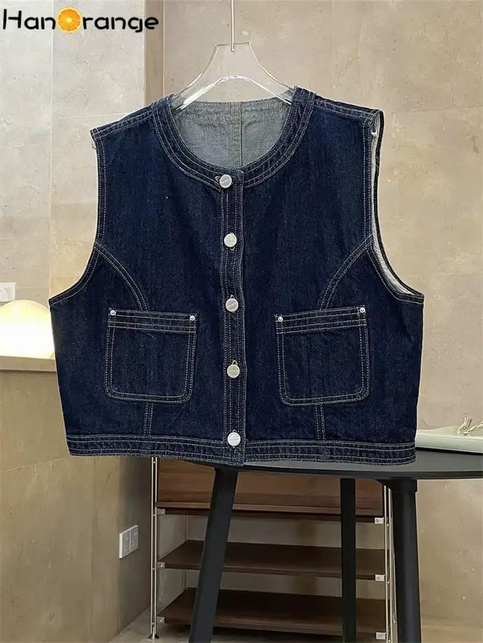 HanOrange 2026 – Nouvelle Collection Printemps : Gilet en Jean Femme Style Cowgirl, Sans Col, Court, Sans Manches, Vêtement Vintage Féminin