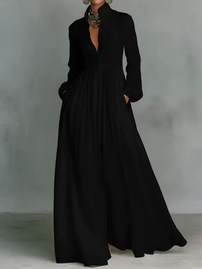 Robe de soirée élégante à col montant et manches longues, Nouvelles robes décontractées unies pour femmes Printemps 2026, Robes à poches pour femmes à simple boutonnage