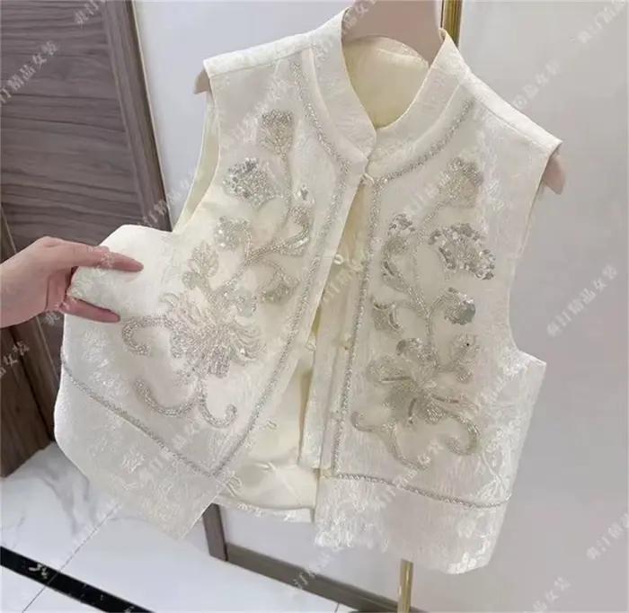 Gilet femme perlé paillettes chinoises ample simple boutonnage