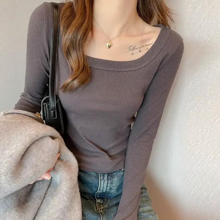 Col carré printemps automne hiver chemise à bascule qui peut être portée à l'extérieur à l'intérieur comme un haut T-shirt femme mince manches longues
