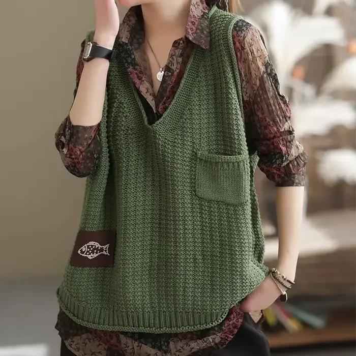 Pull Vintage à Col en V pour Femme