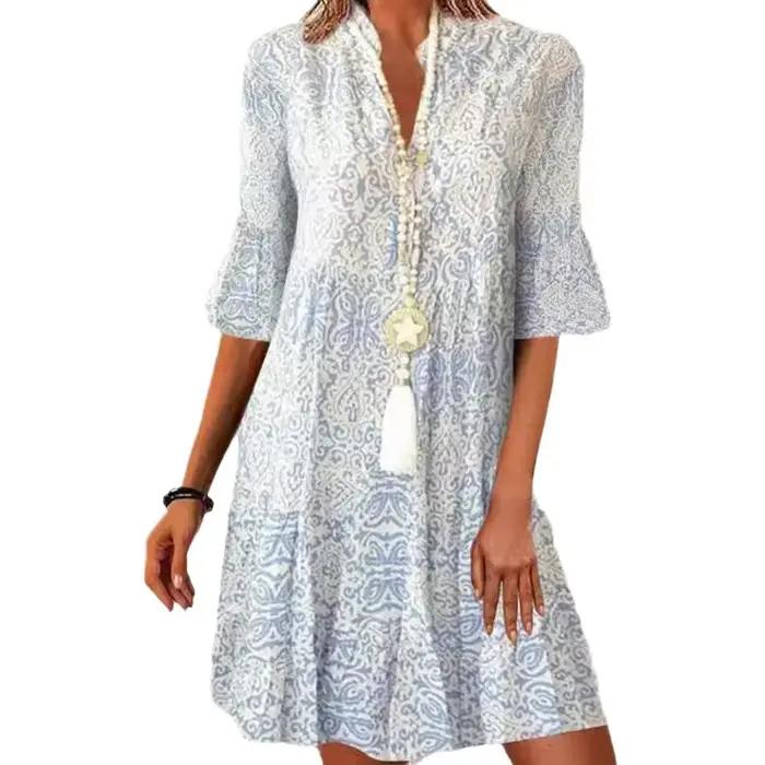 Mode Vintage imprimé femme pull robes 2025 printemps été col en V à manches courtes robe décontracté femmes lâche