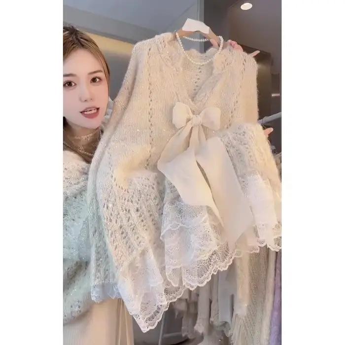 Pull en tricot ajouré en dentelle pour femme