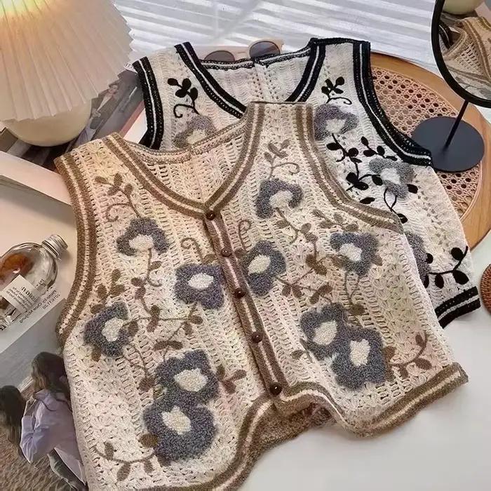 Gilet sans manches en tricot ajouré pour femme