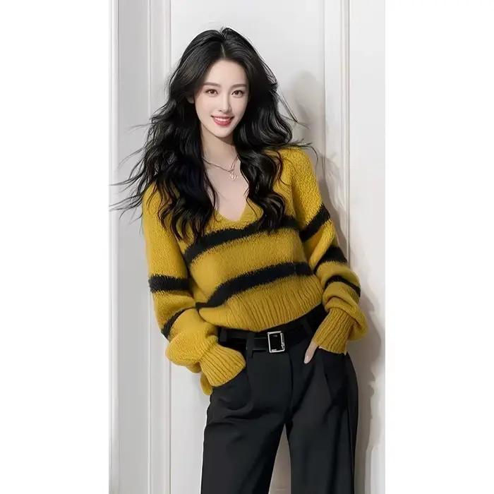 Printemps Base haut jaune rayé pull