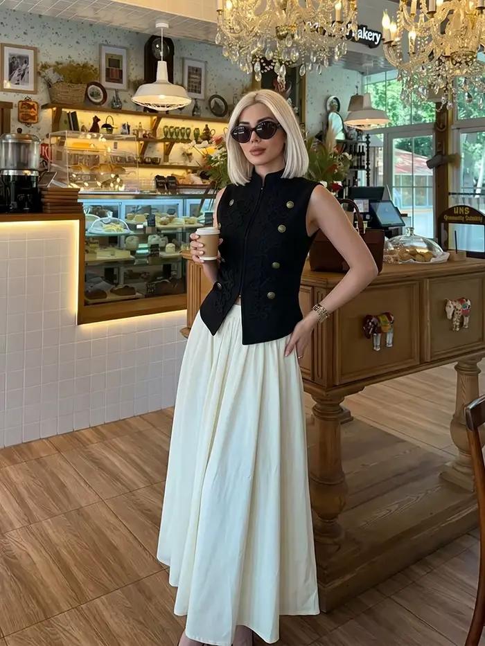 Gilet rétro élégant sans manches HH en polyester boutons grenouille pour femmes style vintage occasions formelles trajets quotidiens événements et vacances