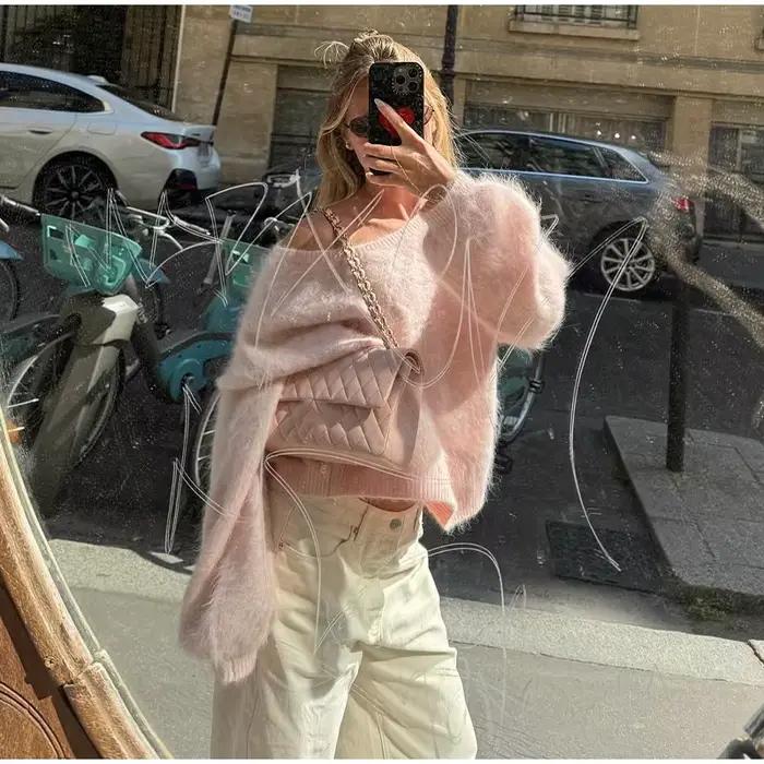 Sexy femmes tricot solide Mohair pull ample épaules nues à manches longues femme pulls 2025 automne dame mode tricots de style décontracté