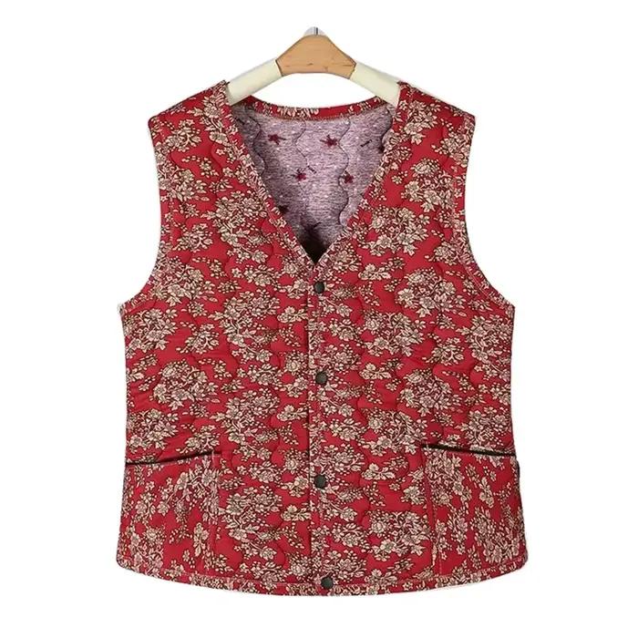 Gilet en polyester tricoté à fleurs pour femmes, coton chaud, col en V, boutons et poches, pour automne et hiver