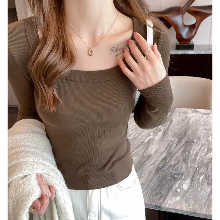 Col carré printemps automne hiver chemise à bascule qui peut être portée à l'extérieur à l'intérieur comme un haut T-shirt femme mince manches longues