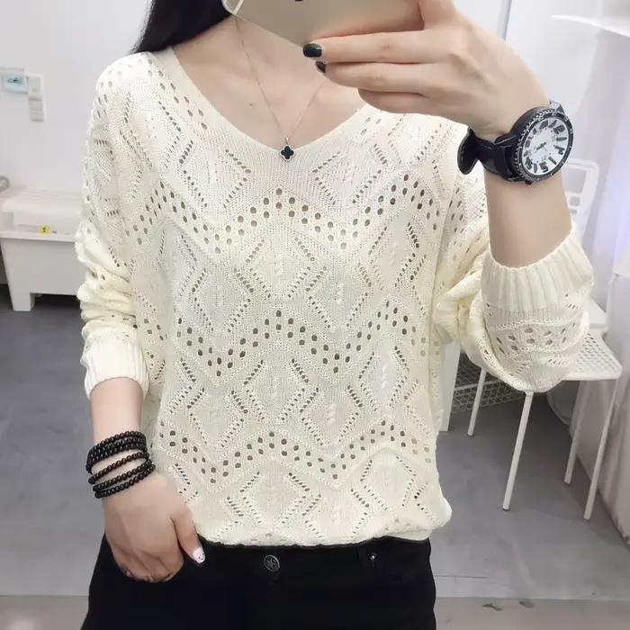 Pointelle haut en tricot à manches longues recadrée pull uni femmes