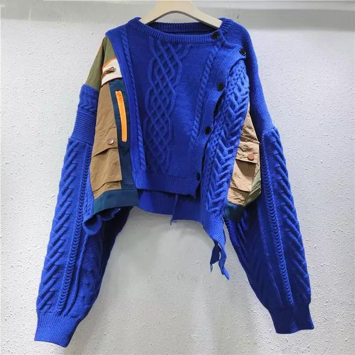 KUCLUT 2025 automne nouvelle mode Patchwork pull pour femmes ample simple boutonnage conception mi-longue tricoté hauts femme 1A527