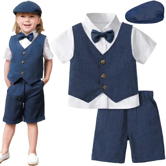 Vêtements Pour Enfants Avec Chapeaux Costumes De Mariage Costumes Baptême Ensemble Fête D’anniversaire Manches Courtes Gentleman Lot 4 Pièces