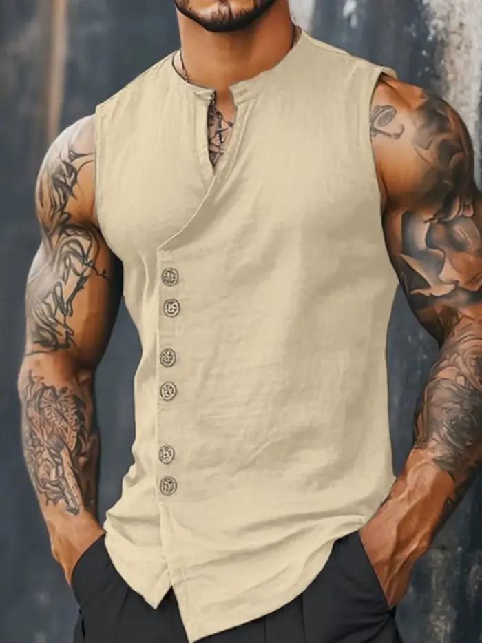 Gilet sans manches en lin pour homme - Débardeur décontracté d'été à boutons