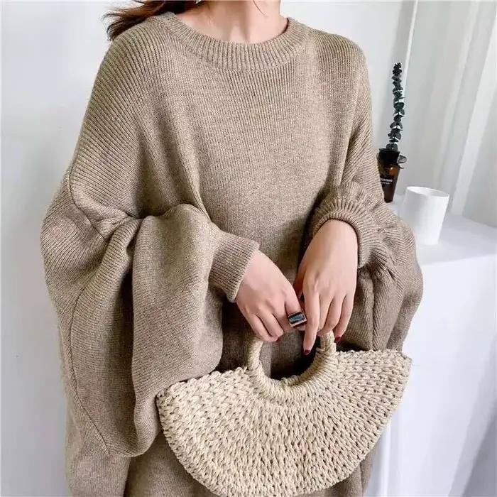 LANMREM 2025 printemps nouvelle mode couleur unie col rond pull manches chauve-souris longue tricot