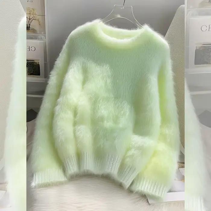 Vert en peluche porter pull tricoté femmes à manches longues mode chaud intérieur doux cireux