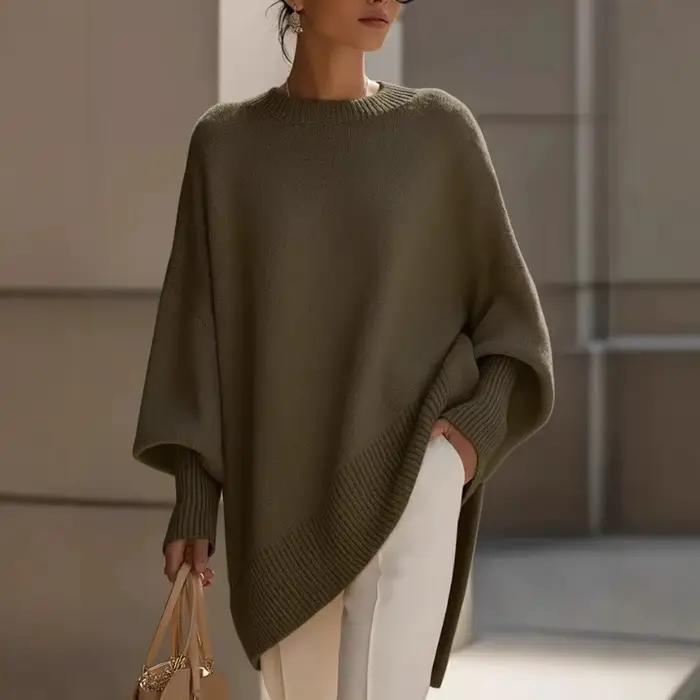 Pull en tricot beige surdimensionné pour femme, manches chauve-souris, ourlet asymétrique, coupe décontractée ample, pour un usage quotidien