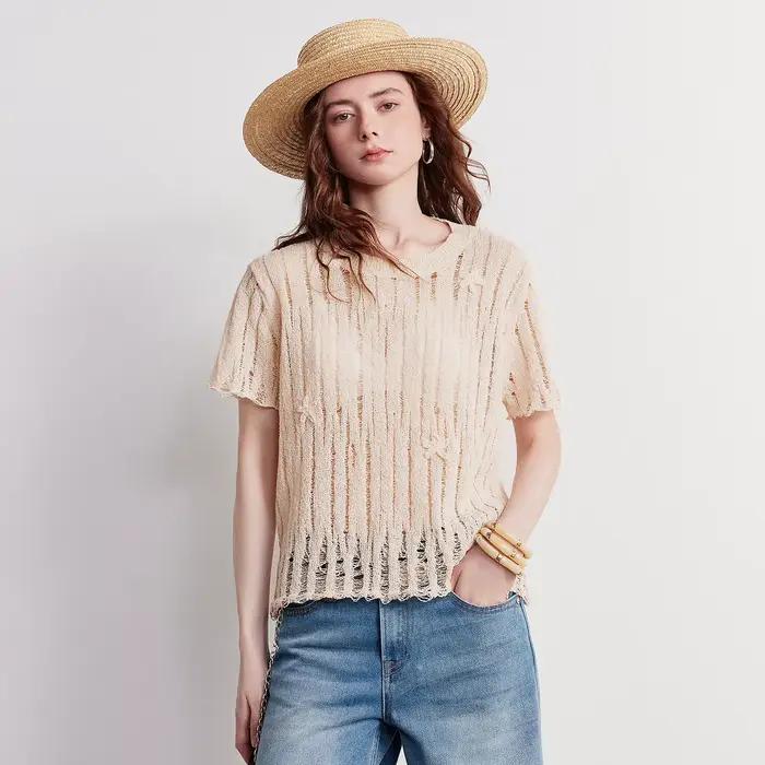 TOYOUTH Pull en lin ajouré pour femme