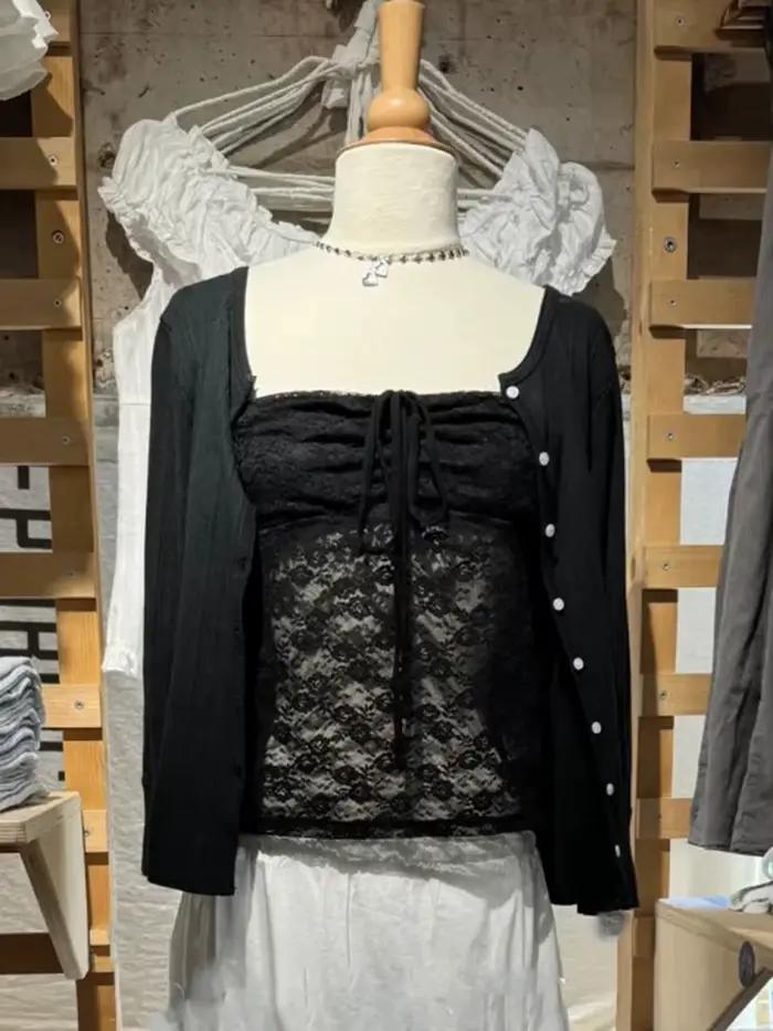 Oeillet noir bouton hauts Cardigan femmes nouveau coton Patchwork demi manches T-shirts femme Vintage Preppy Style