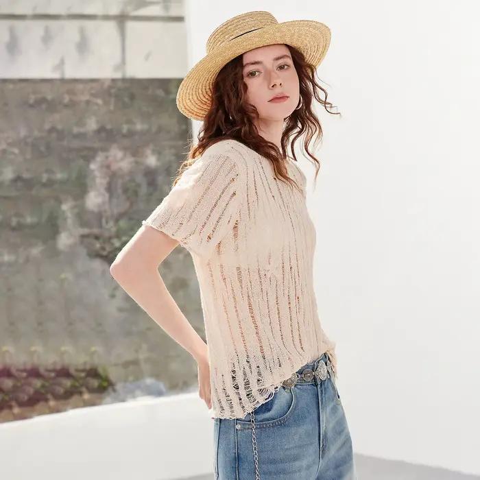 TOYOUTH Pull en lin ajouré pour femme