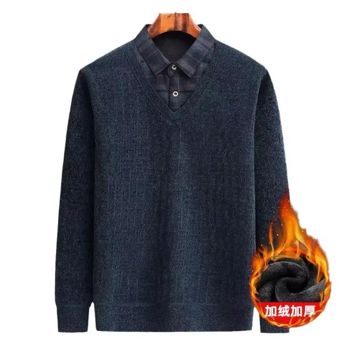 Pull tricoté chaud en polaire épaissie pour homme d'âge moyen