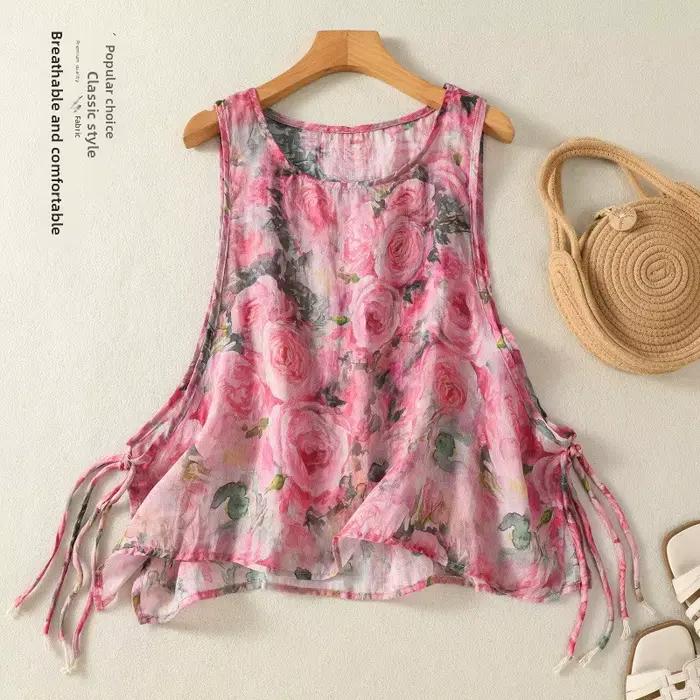 Gilet long tricoté décontracté rétro en coton et lin pour femme
