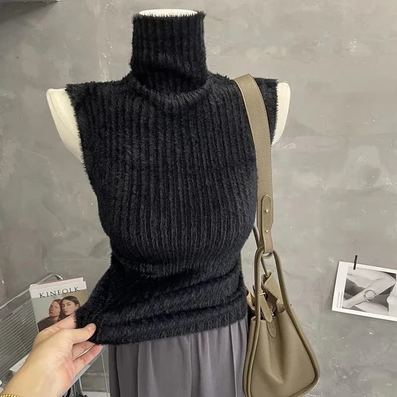 Pull à col roulé pour femmes, gilet en cachemire de vison, sans manches, tricoté, nouvelle collectio