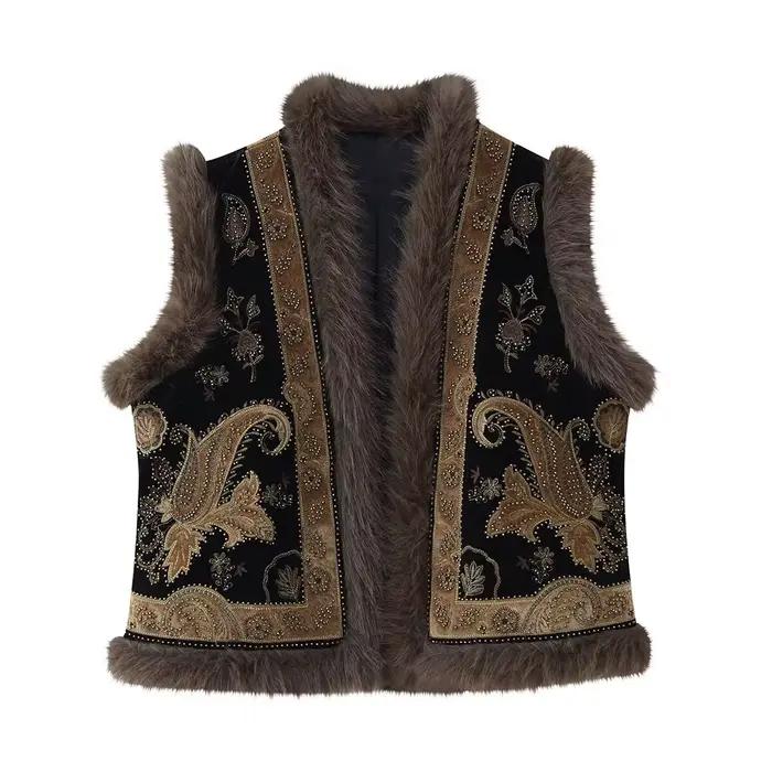 HH Fashion Gilet Chaud Sans Manches Rétro Style Urbain pour Femme, Brodé de Perles, Décontracté, Amp