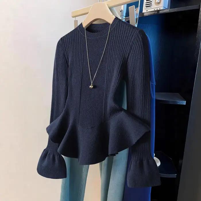 Pull tricoté à manches longues et col rond pour femme, coupe cintrée, Style américain, chemise de Ba