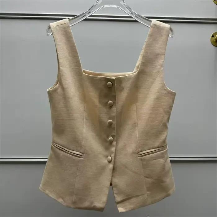 Gilet cintré en mélange de lin pour femme, col carré, sans manches, boutonné