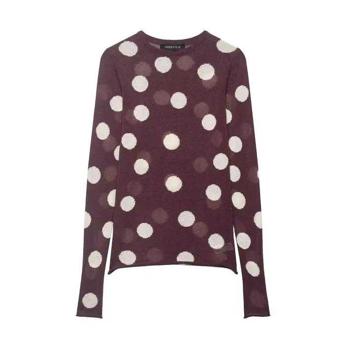 Nouveau Pull Tricoté Femme Printemps 2026 à Pois Col Rond Manches Longues Coupe Slim Décontracté pou