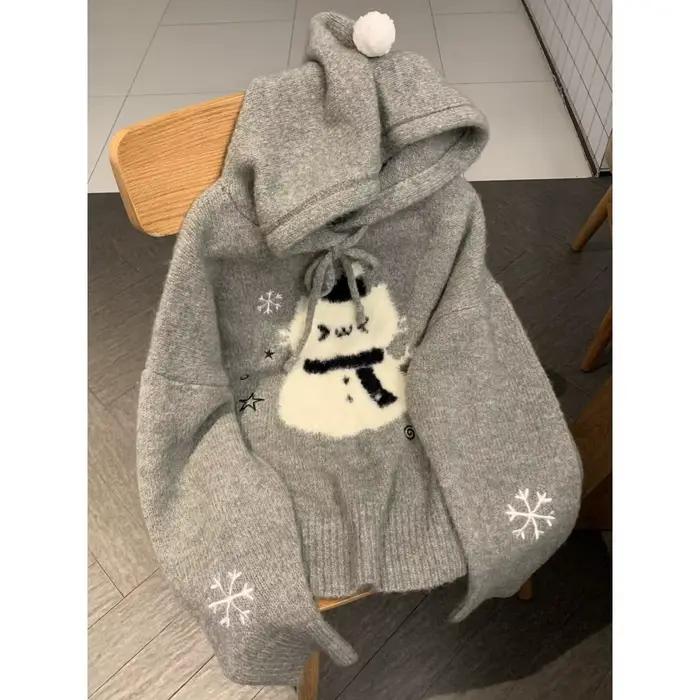 Kawaii gris femmes chandails Style Preppy doux japonais pulls à capuche Cutecore Harajuku surdimensi