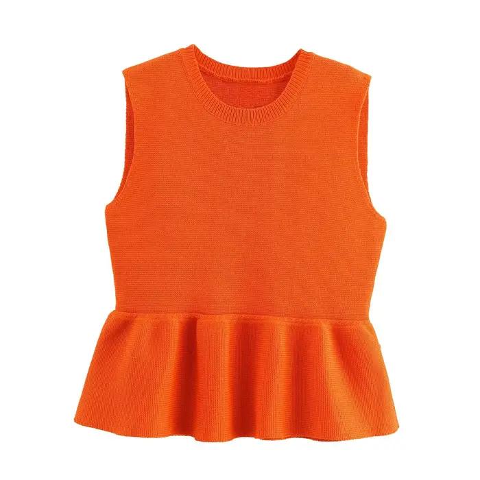 Chandails courts pour femmes, gilet à volants, vêtements en tricot, hauts pull sans manches, vêtemen