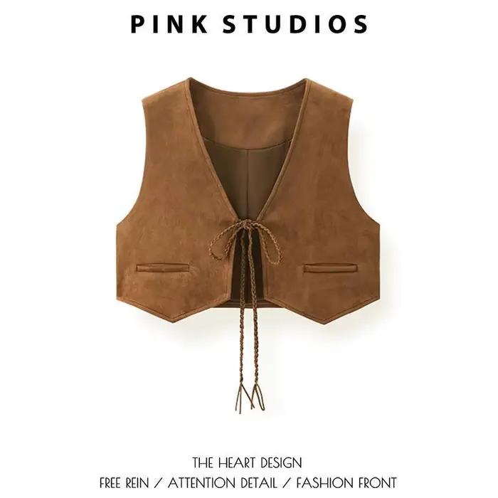 Cardigan en daim plié couleur café Vintage à lacets col en v gilet femmes automne hiver Style court