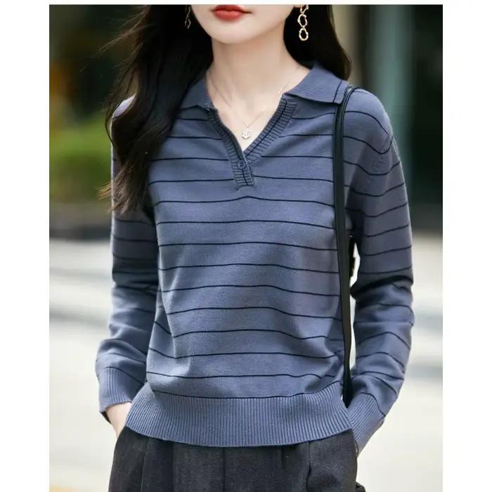 Pull à manches longues et col rayé de Style français pour femmes, pull à revers, nouveau Style 2025