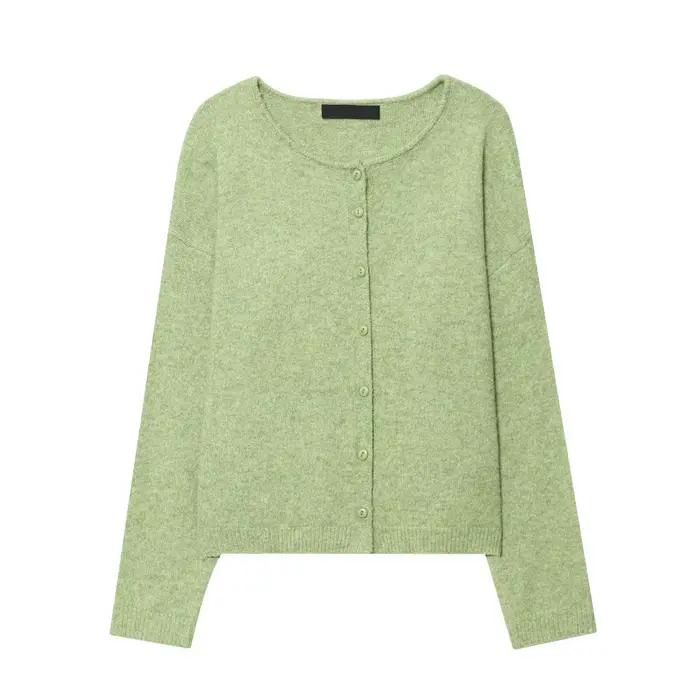 Vert clair tricoté Cardigan pull femmes encolure dégagée simple boutonnage pull d'extérieur automne