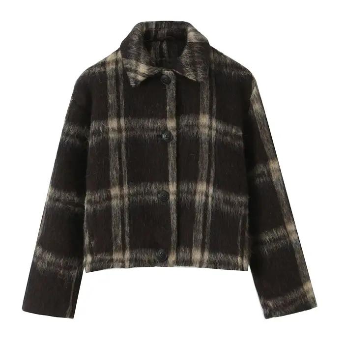 Manteau en peluche à carreaux marron pour femmes, veste d'automne à col rabattu, simple boutonnage,