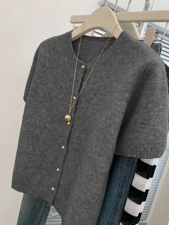 Cardigan tricoté élégant à col rond pour femme, pull à manches courtes, décontracté, simple, polyval