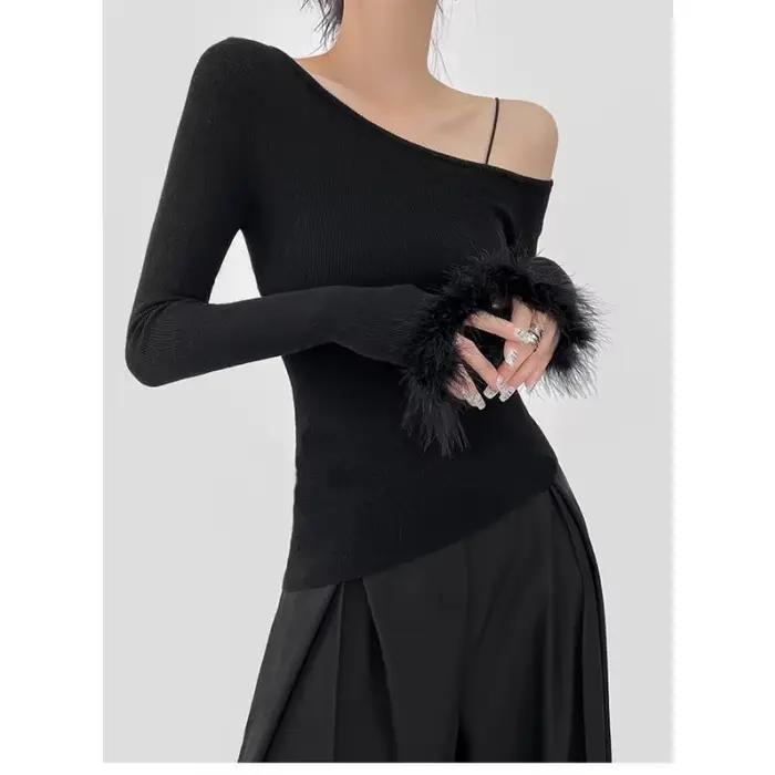 T-shirt à manches longues et col asymétrique pour femme, épaules dénudées, haut à manches en fourrur