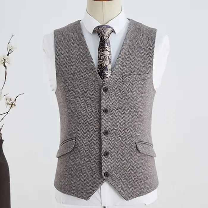 Gilet en laine à chevrons britannique de Style italien, nouveau gilet ajusté marron clair Vintage d'