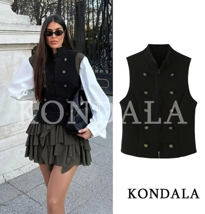 KONDALA Gilet Chic Femme Tendance Urbaine Élégant Vintage avec Boutons Décoratifs Veste Gilet Zippée