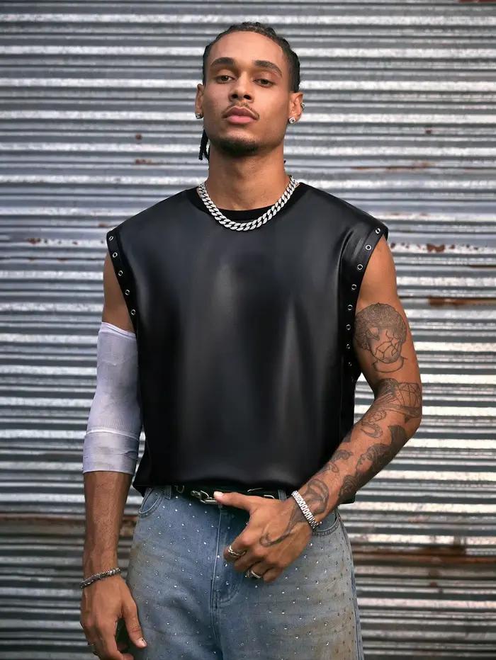 Gilet en cuir pour homme, t-shirts en cuir PU tendance, débardeurs de motard, streetwear, qualité su
