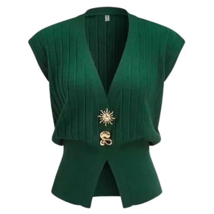UOOZEE femmes Vintage élégant vert tricot gilet hauts boucle d'or sans manches col en v recadrée for