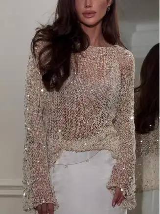 ZAROY femmes paillettes tricot évider pulls décontracté ample à manches longues col rond brillant Cr