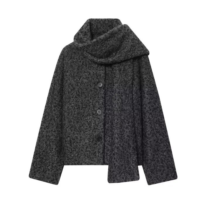 HH femmes Bouclé tissu écharpe col simple boutonnage décontracté manches longues ample court automne