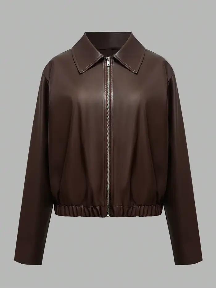 Veste zippée en simili cuir marron chocolat pour femme, manteau bombardier court ample à revers
